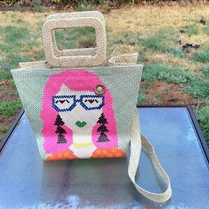 Woven Straw Tote with Pink Hair Girl Motif - Unbranded